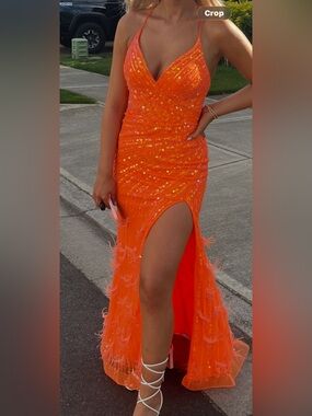 Spaghetti Strap Neon Orange Sequin Prom Dress with Feather Trim